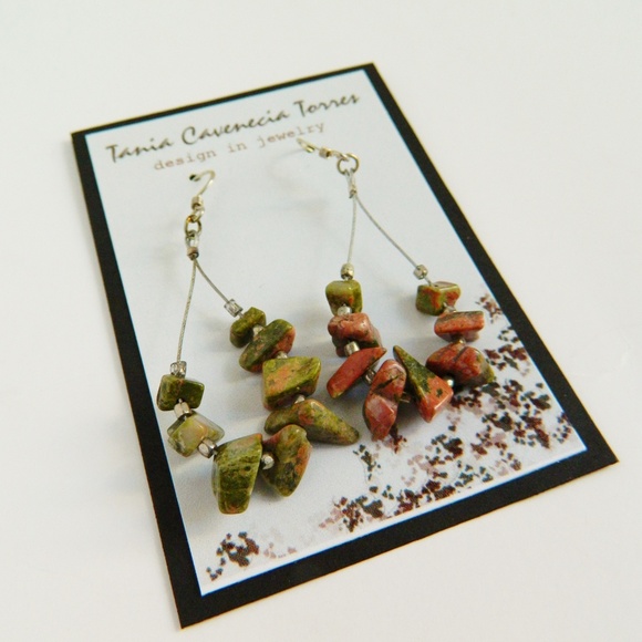 Unakite Sterling Silver & Steel Cable Earrings - Picture 2 of 5